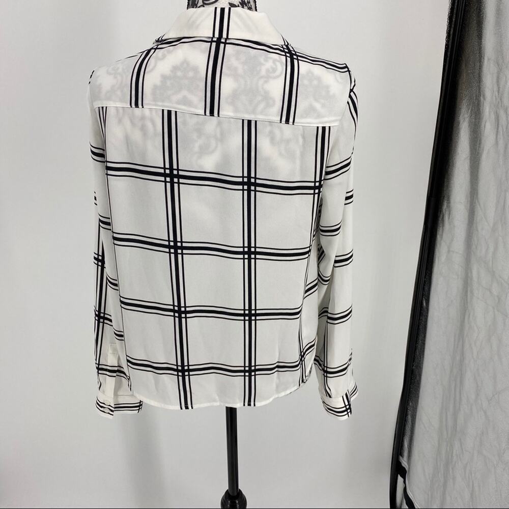 Leith Black White Windowpane Check Button Front Blouse Notched Collar L/S - Picture 9 of 10